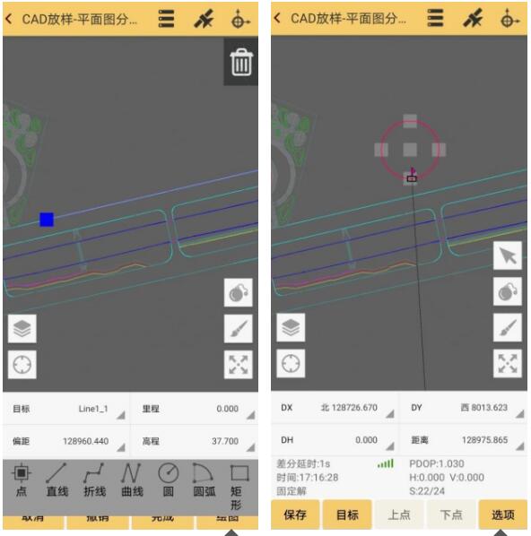 CAD 放樣功能在施工作業(yè)的同時，還可進(jìn)入繪圖模式（點(diǎn)擊右邊毛筆圖標(biāo)），可實(shí)時在原 CAD 底圖上進(jìn)行相關(guān)圖形的增加，如點(diǎn)、直線、折線、曲線等，并進(jìn)行放樣